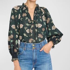 Ulla Johnson Kaitlyn Split-Neck Printed Crepe Blouse shirted sleeves EUC Size 2
